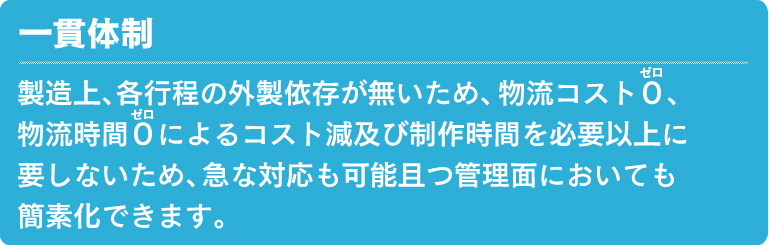 一貫性　製造上、各行程の外製依存が無いため、物流コスト０、 物流時間０によるコスト減及び制作時間を必要以上に 要しないため、急な対応も可能且つ管理面においても簡素化できます。